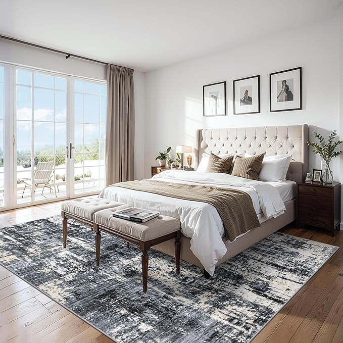 Area Rugs Living Room Rug - 4x6 Washable Modern Abstract Soft Neutral Non-Slip Carpet Large Indoor Floor Thin Carpets for Bedroom Dining Room Farmhouse Nursery Home Office Black Gold