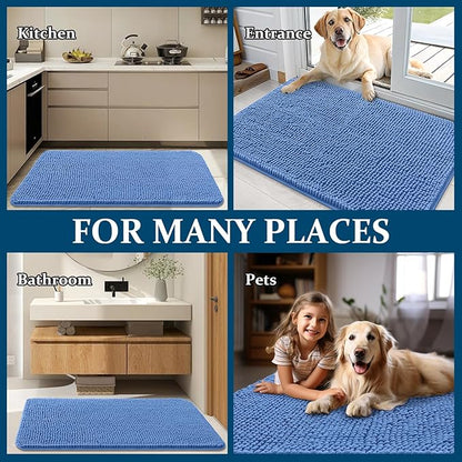 OLANLY Dog Door Mat for Muddy Paws 70x35, Absorbs Moisture and Dirt, Absorbent Non-Slip Washable Doormat, Quick Dry Chenille Mud Mat, Entry Indoor Entryway Carpet for Inside Floor, Cornflower Blue