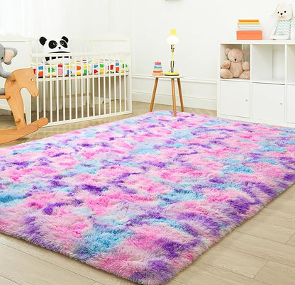 Tepook Soft Rainbow Rug for Girls Room, Cute Fluffy Girls Bedroom Rugs, 4x6 Feet Shaggy Princess Rug Colorful Carpet for Kids Teens Toddler Playroom Nursery Reading Nook, Hot Pink