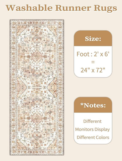 SERISSA Boho Washable Runner Rug, 2x6 Rug Non-Slip Vintage Peach Cream Hallway Kitchen Runner Rug Ultra Soft Print Distressed Floor Carpet for Bedroom Bathroom Laundry Living Room