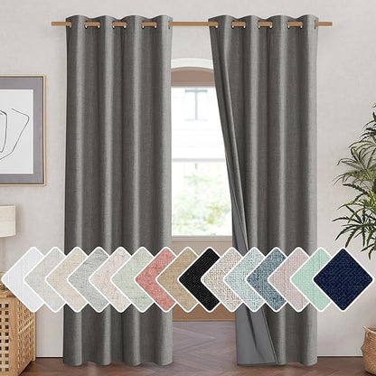 NICETOWN Grizzle Gray Vintage Linen 100% Blackout Curtains for Living Room, Thermal Insulated Curtains 90" Long, Noise Reducing Window Treatment Drapes for Home Cinema, 52" Wide Per Panel, Set of 2