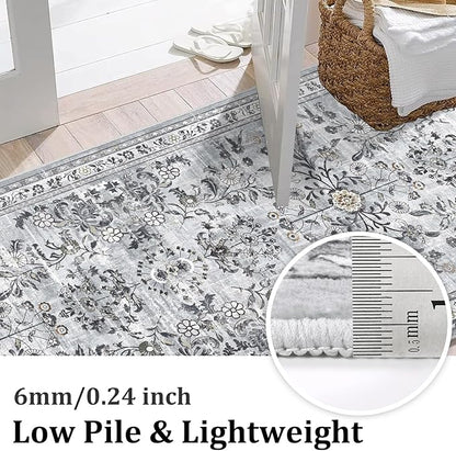Yamaziot Washable Runner Rug 2x8 – Non Slip Boho Floral Hallway Runner Rug with Rubber Backing, Low Pile Faux Wool Distressed Carpet for Kitchen, Laundry, Bedroom, Entrance, Gray