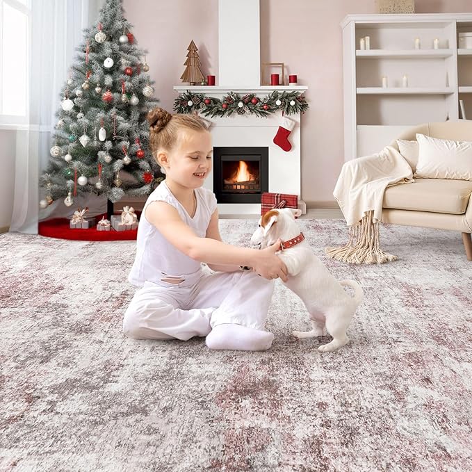 UERMEI 8x10 Area Rug Living Room Rugs - Washable Neutral Modern Abstract Soft Thin Large Rug Indoor Floor No Slip Rug Carpet for Bedroom Under Dining Table Home Office Decor - Pink
