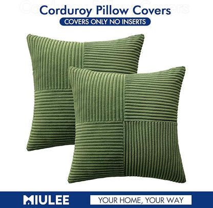 MIULEE Moss Green Decorative Throw Pillow Covers 18x18 Inch for Couch Bed Sofa Spring Decor Pack of 2 Boho Farmhouse Throw Pillows Soft Cross Corduroy Patchwork Textured Cushion Cases