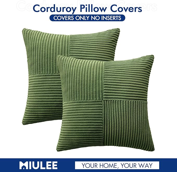 MIULEE Moss Green Decorative Throw Pillow Covers 16x16 Inch for Couch Bed Sofa Spring Decor Pack of 2 Boho Farmhouse Throw Pillows Soft Cross Corduroy Patchwork Textured Cushion Cases