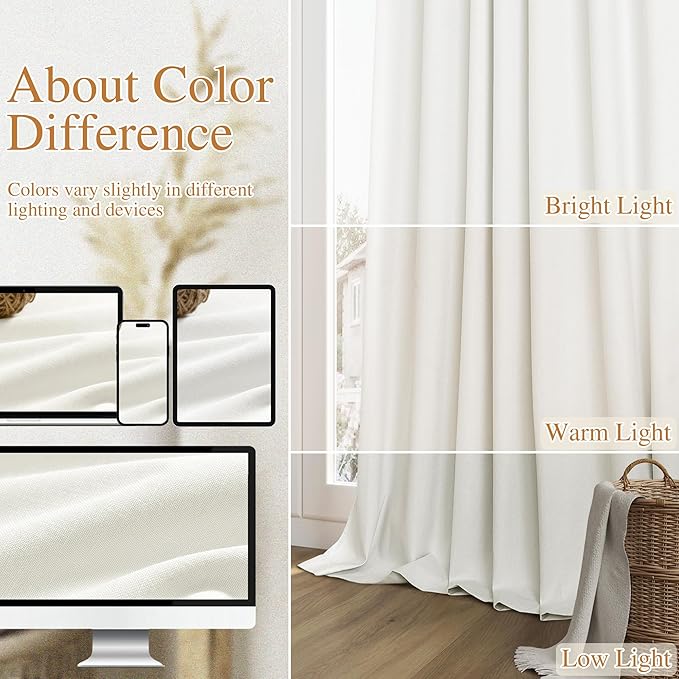Ivory 100% Blackout Linen Curtains 102 Inch Length 2 Panels Set for Living Room Bedroom Back Tab Thermal Insulated Black Out Drapes Room Darkening Farmhouse Style for Bedroom Window Curtains 52x102
