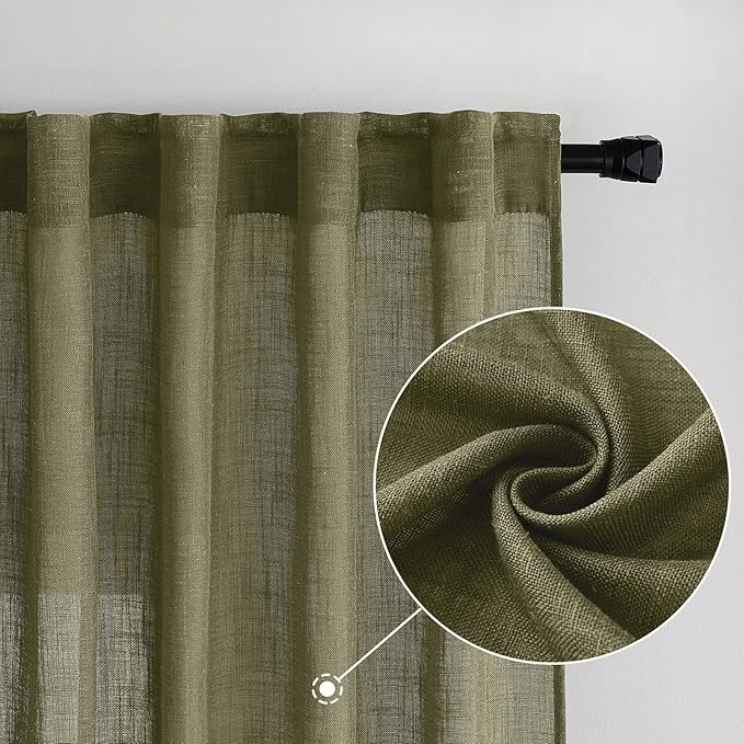 MIULEE Light Olive Green Linen Curtains 84 Inch Length 2 Panels for Bedroom Living Room, Soft Linen Textured Natural Window Drapes Semi Sheer Light Filtering Back Tab Rod Pocket Burlap Look Decor