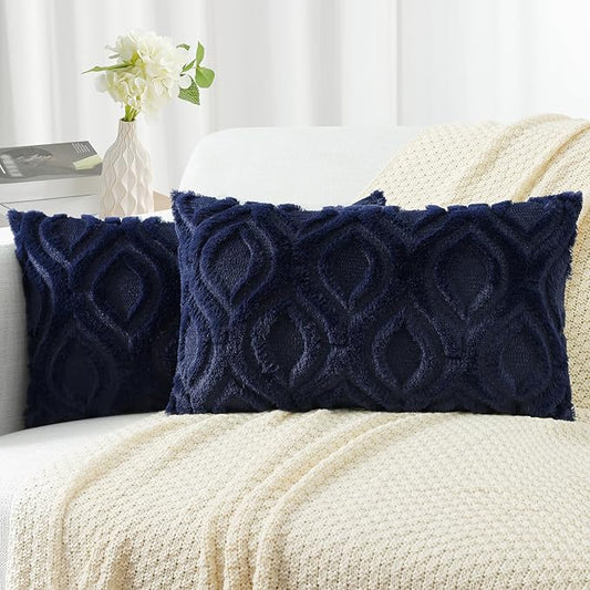 decorUhome Summer Throw Pillow Covers 12x20 Inch Set of 2, Soft Plush Faux Wool Navy Blue Solid Couch Pillow Covers, Accent Farmhouse Neutral Rectangle Pillow Cases for Sofa Bed Living Room