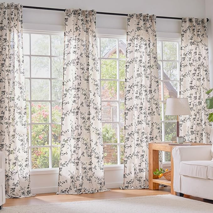 Lazzzy Black Floral Linen Curtains 90 Inch Farmhouse Back Tab Drapes for Living Room Bedroom Light Filtering Vintage Grandmillennial Rod Pocket Curtains, 2 Panels, W38 x L90, Black on Beige