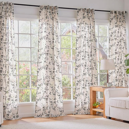 Lazzzy Black Floral Linen Curtains 90 Inch Farmhouse Back Tab Drapes for Living Room Bedroom Light Filtering Vintage Grandmillennial Rod Pocket Curtains, 2 Panels, W38 x L90, Black on Beige