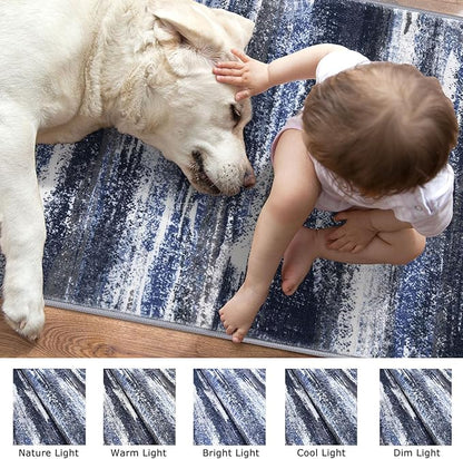 Lansny Modern Abstract Runner Rug 2x5, Navy Blue Washable Entryway Kitchen Runner Non-Slip Soft Hallway Rug Runner Thin Print Faux Wool Carpet for Bedroom Laundry Room Indoor