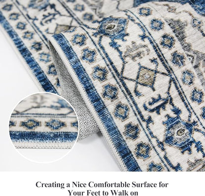 Hallway Washable Runner Rug - 2x7 Kitchen Rugs Entryway Rug Runner Vintage Soft Floor Mat Non Slip Indoor Farmhouse Carpet for Bathroom Living Room Bedroom (2 X 7, Blue)
