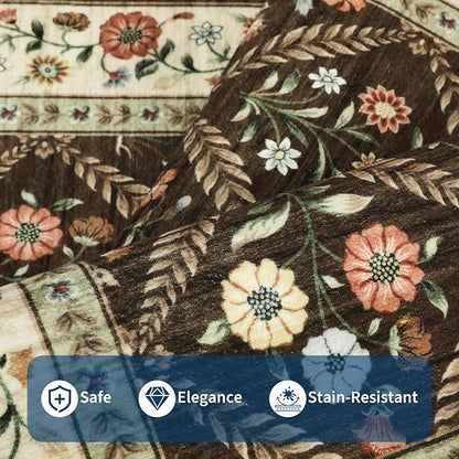 Large Entryway Rug 3x5 Floral Washable Area Rugs Vintage Soft Non-Slip Small Floor Carpet Doormat Stain Resistant Low-Pile Ultra-Thin Entry Mat for Bedside Kitchen Brown
