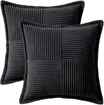 MIULEE Decorative Throw Pillow Covers for Couch Bed Livingroom 18x18 Inch Set of 2 Black Boho Accent Throw Pllows Broadside Striped Patchwork Soft Corduroy Pillowcases