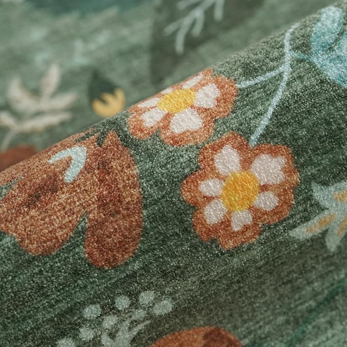Hallway 3x6 Washable Runner Rug - Indoor Floral Scalloped Kitchen Entryway Low Pile Carpet Soft Non Slip Floor Mat for Bathroom Living Room Bedroom Elegant Home Decor(3x6 Floral/Green)