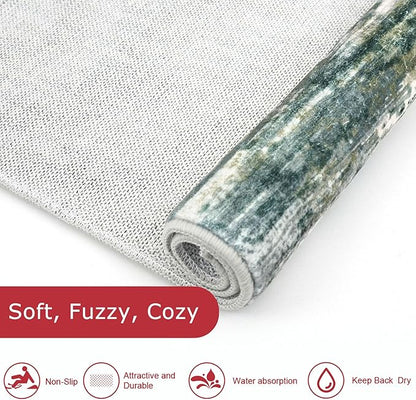 KOZYFLY Modern Abstract Runner Rugs 2x6 Green Yellow Machine Washable Area Rug for Bedroom Non-Slip Living Room Rug, Faux Wool Soft Low Pile Office Carpet for Dining Room, Bedroom, Kitchen Bathroom