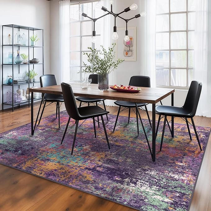 Washable Area Rugs 8'x10' Non-Slip Modern Abstract Soft for Living Room Entryway Bedroom Nursery, Print Pattern, Purple Orange Blue Green Rust Red Colorful
