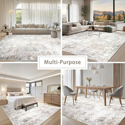 Washable Rugs 8x10 Area Rugs for Living Room,Modern Abstract Rugs for Bedroom,Large Carpets,Ultra Soft Faux Wool Retro Dining Room Rug,Non Slip&Non-Shedding Low Pile Print Rug- Beige Grey