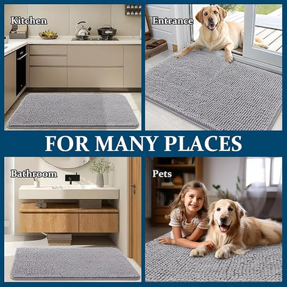 OLANLY Dog Door Mat for Muddy Paws 54x24, Absorbs Moisture and Dirt, Absorbent Non-Slip Washable Doormat, Quick Dry Chenille Mud Mat for Dogs, Entry Indoor Entryway Carpet for Inside Floor, Light Grey