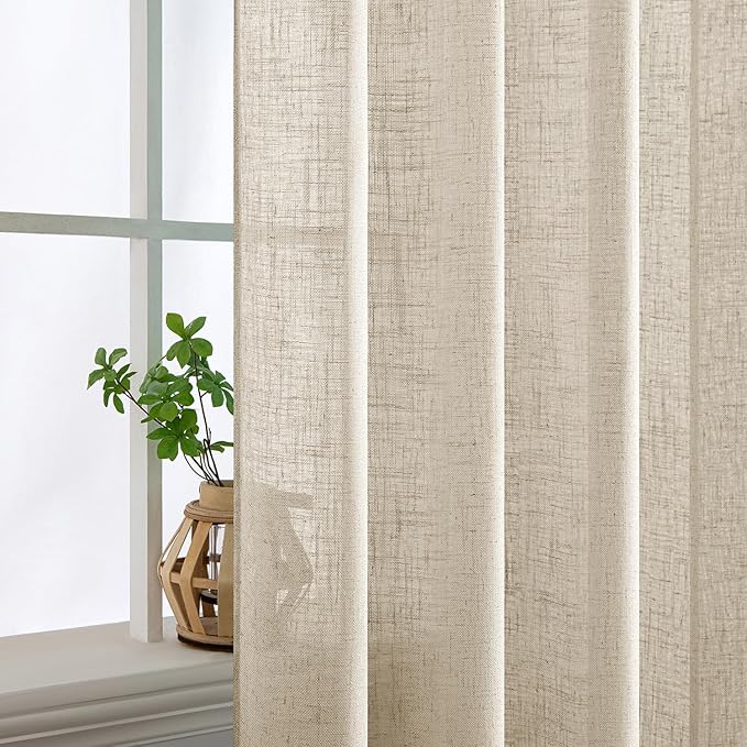 MIULEE Beige Linen Curtains 84 Inch Length 2 Panels for Bedroom Living Room, Soft Linen Textured Window Drapes Semi Sheer Light Filtering Back Tab Rod Pocket Farmhouse Modern Burlap Look Decor