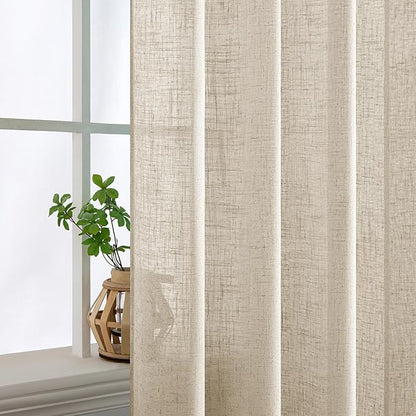 MIULEE Beige Linen Curtains 54 Inch Length 2 Panels for Bedroom Living Room, Soft Linen Textured Window Drapes Semi Sheer Light Filtering Back Tab Rod Pocket Farmhouse Modern Burlap Look Decor