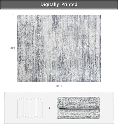 Srugn Washable Rugs 8x10 Area Rugs for Living Room,Rugs for Bedroom,Large Carpets,Ultra Soft Faux Wool Retro Dining Room Rug,Non Slip&Non-Shedding Low Pile Vintage Print Rug for Home Office-Grey Cream