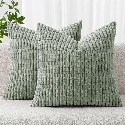 MIULEE Pack of 2 Spring Corduroy Decorative Throw Pillow Covers 12x12 Inch Soft Boho Striped Pillow Covers Modern Farmhouse Home Decor for Summer Sofa Living Room Couch Bed Greyish Green