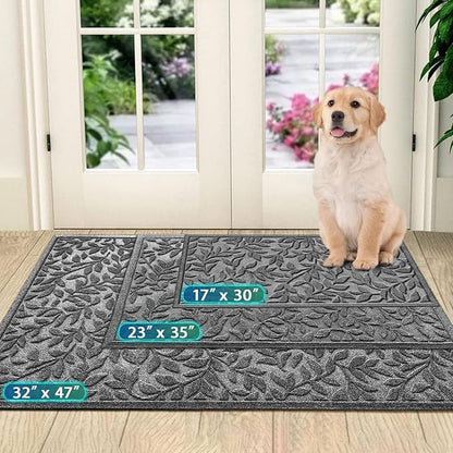 Bulijojo Sturdy Front Entrance Doormats,Durable Heavy Duty Welcome Mat,Thick Absorbent Natural Rubber Non Slip Mat,Easy Clean Entryway Mat Leaves Grey, 47" x 32"