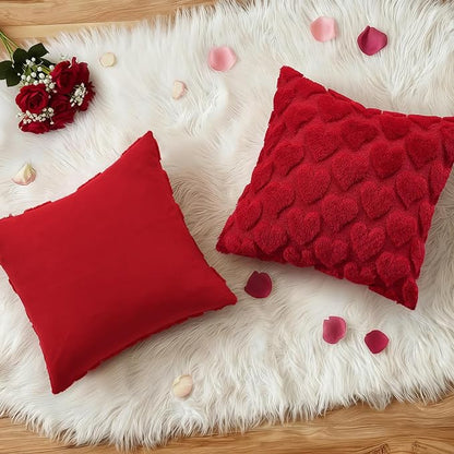 decorUhome Valentine’s Day Soft Plush Throw Pillow Covers 18x18 Inch Set of 2, Faux Fur Red Heart Decoration Neutral Square Pillow Covers for Couch Sofa Bed Cozy Farmhouse Holiday Decor