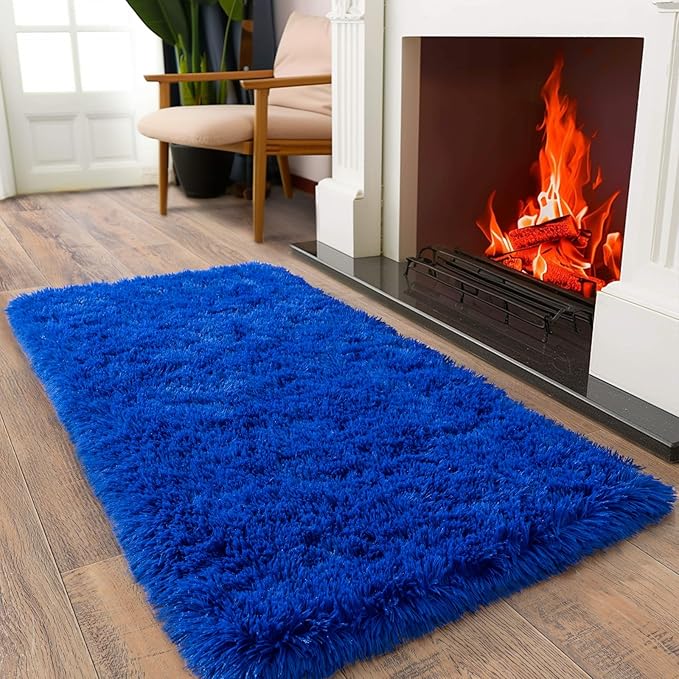 Soft Runner Rugs for Bedroom Hallways, 2x4 Royal Blue Fluffy Shag Throw Area Rug Non Slip for Bedside Dorm, Long Shaggy Furry Carpet for Nursery Living Room