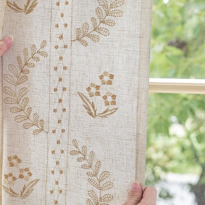 jinchan Belrose Linen Curtains for Bedroom Floral Curtains 108 Inch Length Linen Blend Beige Embroidered Drapes Farmhouse Flower Patterned Drapes for Living Room Window Treatments Set 2 Panels