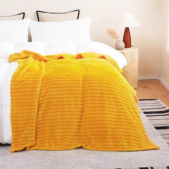 Gold Fleece Throw Blanket 90”×90” for Couch Sofa Bed,Super Soft Cozy Plush Microfiber Flannel Blanket with Stripes Design Lightweight for Adults,Woman,Girls