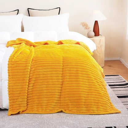 Gold Fleece Throw Blanket 90”×90” for Couch Sofa Bed,Super Soft Cozy Plush Microfiber Flannel Blanket with Stripes Design Lightweight for Adults,Woman,Girls