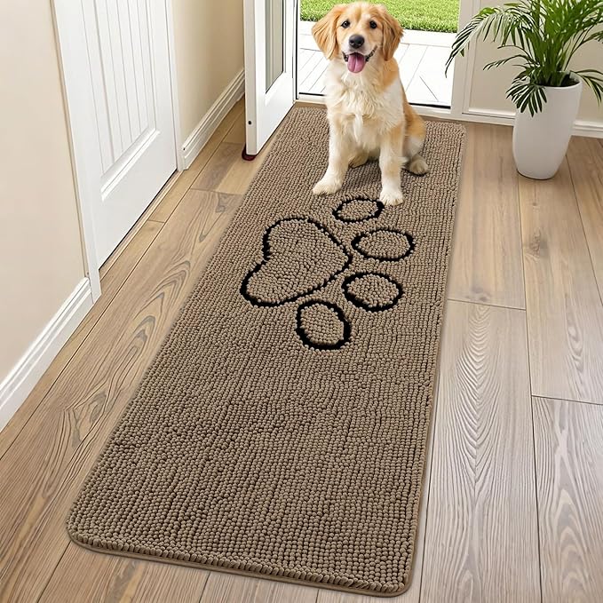 Smiry Dog Door Mat for Muddy Paws, Absorbent Dirt Trapper Non Slip Quick Dry Washable Chenille Mat for Mud Dogs, Entry Rug for Indoor and Outdoor (70x24 Inches, Camel and Black)