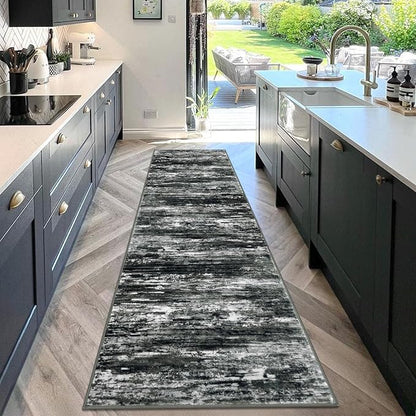 KOZYFLY Modern Abstract Washable Rug Runner 2.6x10 Hallway Rug Runner Non-Slip Soft Kitchen Runner Rugs, Black Grey Striped Carpet for Entryway Bathroom Laundry Room Foyer