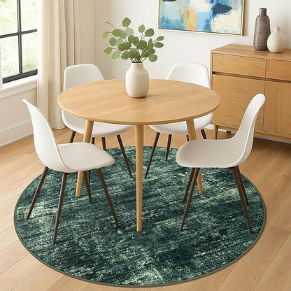 IOHOUZE Abstract Round Area Rug 6 Ft Washable Circle Rugs Large Round Rug Non Slip Thin Soft Circle Rugs, Printed Faux Wool Floor Carpet for Bedroom Living Room Dining Room Nursery, Dark Green