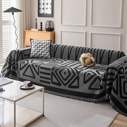 HANDONTIME Boho Geometric Couch Covers for Sofa Pet Friendly Dark Grey and Black Sofa Covers Washable Chenille Couch Blanket Cover for 2 Cushion Couches Pet Protector Furniture Cover Soft, 71" X 118"