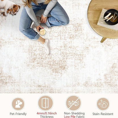 Area Rug 9x12 Vintage Rugs: Large Washable Living Room Rug Retro Medallion Distressed Soft Low Pile Non-Slip Rugs Indoor Floor Carpet for Bedroom Dining Table Office (Beige,9'x12')