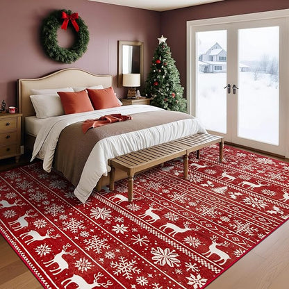 Christmas Rug 8x10 Washable Rugs, Boho Christmas Tree Snowflake Rug Non-Slip Soft Low Pile Non Shedding Indoor Holiday Carpet for Living Room Bedroom Dining Room Home Office (XmasRed, 8'x10')