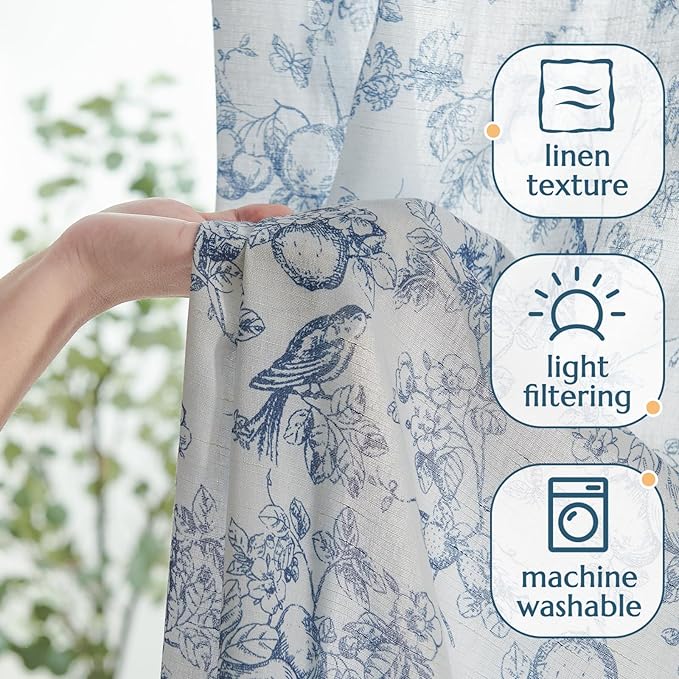 jinchan Linen Floral Curtains for Living Room 63 Inch Length Blue Printed Flower French Country Curtain Farmhouse Cottage Core Toile Curtains Back Tab Light Filtering Window Drapes Set 2 Panels