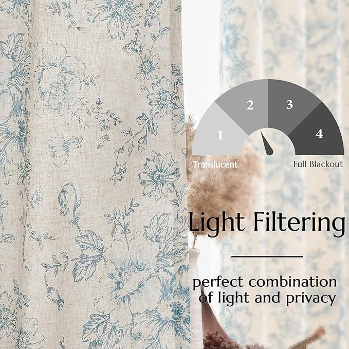 jinchan Lined Linen Blend Curtain Floral Curtains for Living Room 96 Inches Long Blue Peony Flower Printed Curtain Rod Pocket Back Tab Farmhouse Patterned Drapes Bedroom Window Curtains Set 2 Panels