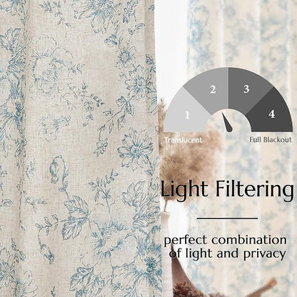 jinchan Lined Linen Blend Curtain Floral Curtains for Living Room 90 Inches Long Blue Peony Flower Printed Curtain Rod Pocket Back Tab Farmhouse Patterned Drapes Bedroom Window Curtains Set 2 Panels