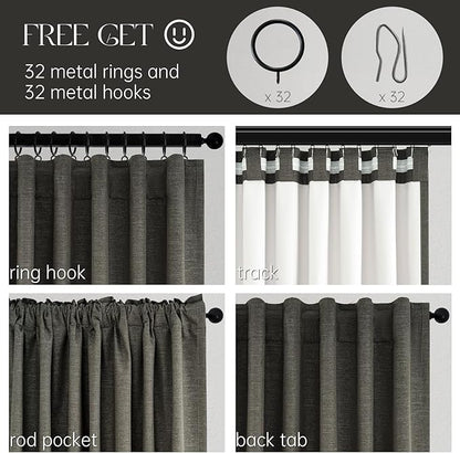 94 Inch Long Gray Blackout Curtains for Bedroom 2 Panels Set Modern Linen Blend Texture Back Tab Pleated Floor to Ceiling Thermal Drapes Hooks Rings Window Drapes Decor (W52 x L94 Charcoal Grey)