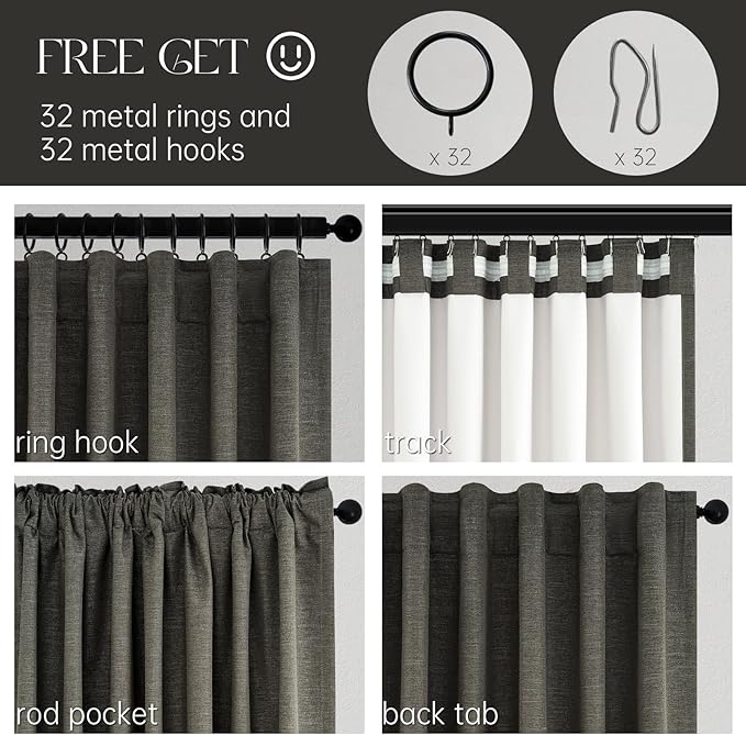 Topfinel Linen Blackout Curtain 90 Inches Long for Bedroom/Living Room Thermal Insulated Back Tab Linen Curtain Drapes Primitive Textured Burlap Effect Window Drapes 2 Panel, Heather Charcoal Gray