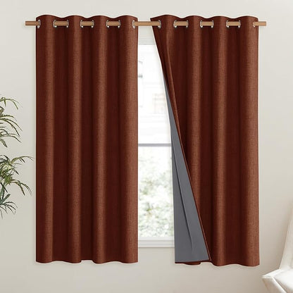 NICETOWN 100% Absolutely Blackout Linen Curtains with Thermal Insulated Liner, 52" Wide, 2 Panels, 63" Long Drapes, Grommet Retro Burnt Orange Linen Curtains Vertical Drapes Privacy for Bedroom