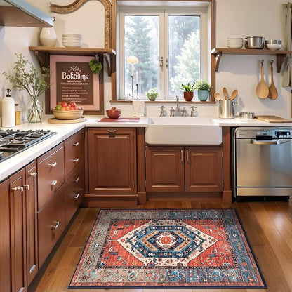 SERISSA Boho Rugs for Entryway, 2x3 Rust Entryway Rug Non-Slip Washable Small Area Rug, Ultra Soft Oriental Vintage Low-Pile Indoor Door Mat Floor Carpet for Entrance Bedroom Kitchen Bathroom