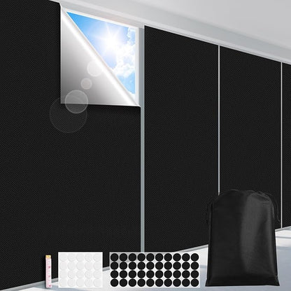 FADOTY Blackout Curtains for Bedroom, Portable 100% Black Out Window Cover Film, Cuttable Blackout Shades Fabric Sheet, No Drill Window Blinds, Sun Heat Light Blocker for Travel Media Dorm, 57'' W