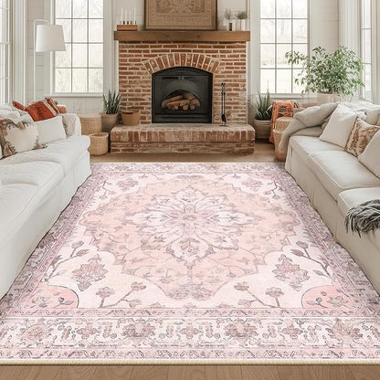 Area Rugs Square 8ft Washable Non-Slip, Floral Vintage Distress Print Pattern Medallion Carpet for Living Room Bedroom Dining Room, Pink Greypink Cute