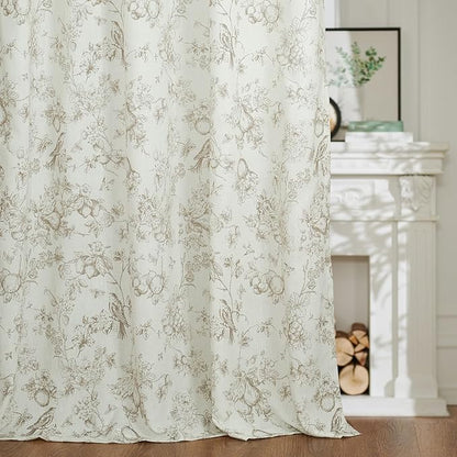 jinchan Linen Floral Curtains for Living Room 84 Inch Length Taupe Printed Flower French Country Curtain Farmhouse Cottage Core Toile Curtains Back Tab Light Filtering Window Drapes Set 2 Panels