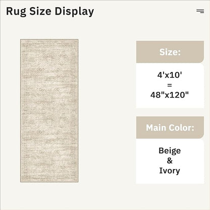 4x10 Wide Hallway Runner Rug: Washable Soft Rug Runners for Living Room Bedroom Ktichen, Stain Resistant Low Pile Area Rugs Non Slip Floor Carpet (Beige, 4x10)